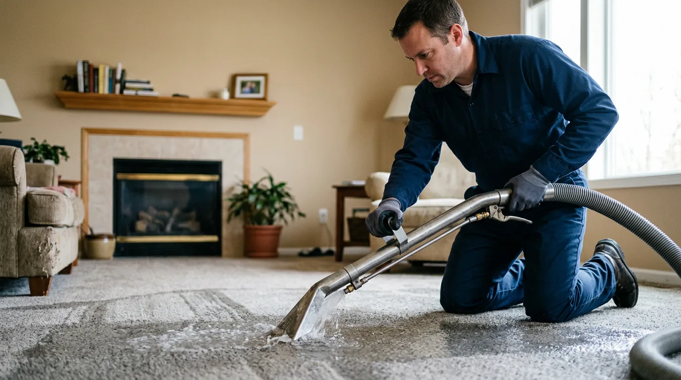 Water damage restoration technician working near Lewis, KS